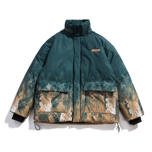 Snow Mountain Print Trend Big Pocket Stand Collar Men's Cotton Jacket